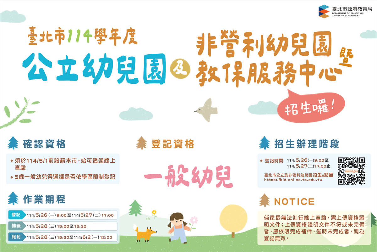 臺北市114學年度公立及非營利幼兒園招生資訊