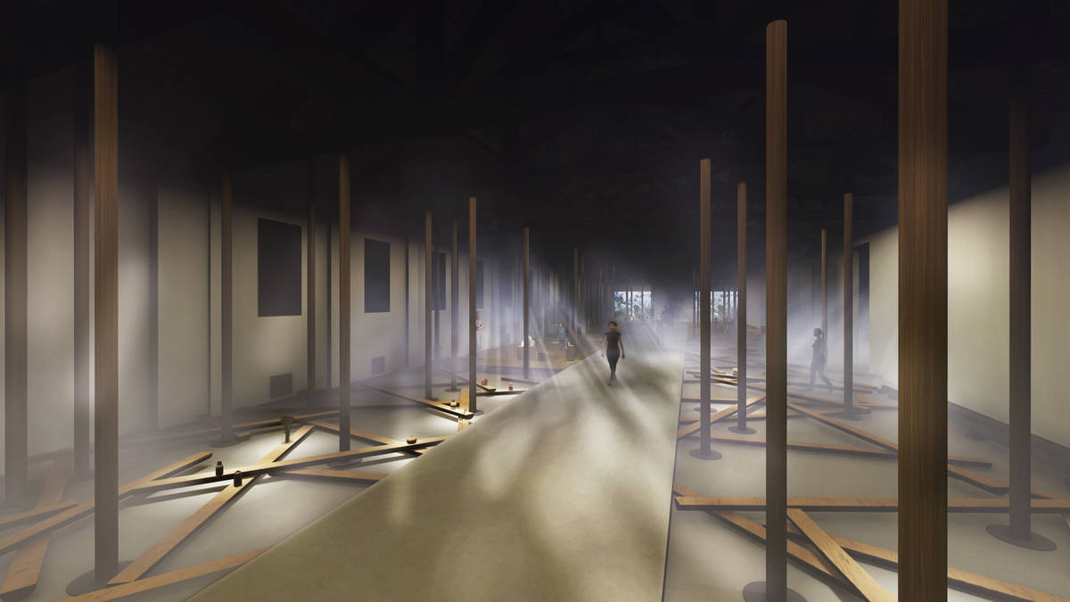 「穿霧之境」展區示意圖。展現當代以水體本身為主體的生態思維，聚焦順著水體文化進行生態循環與教育串接的工作。(文化部提供)