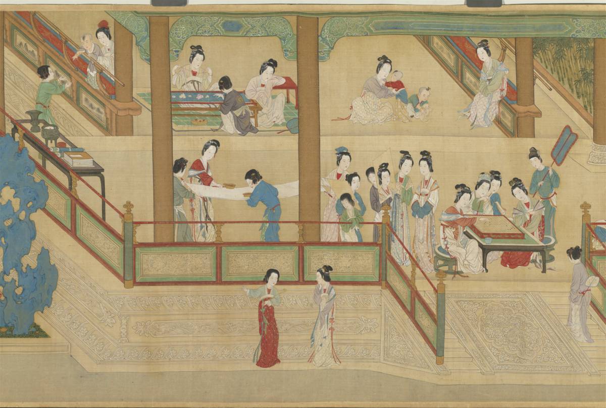 國寶〈明 仇英 漢宮春曉圖〉(局部)，描繪宮廷仕女對奕、刺繡等風雅多姿的日常生活。(故宮提供)