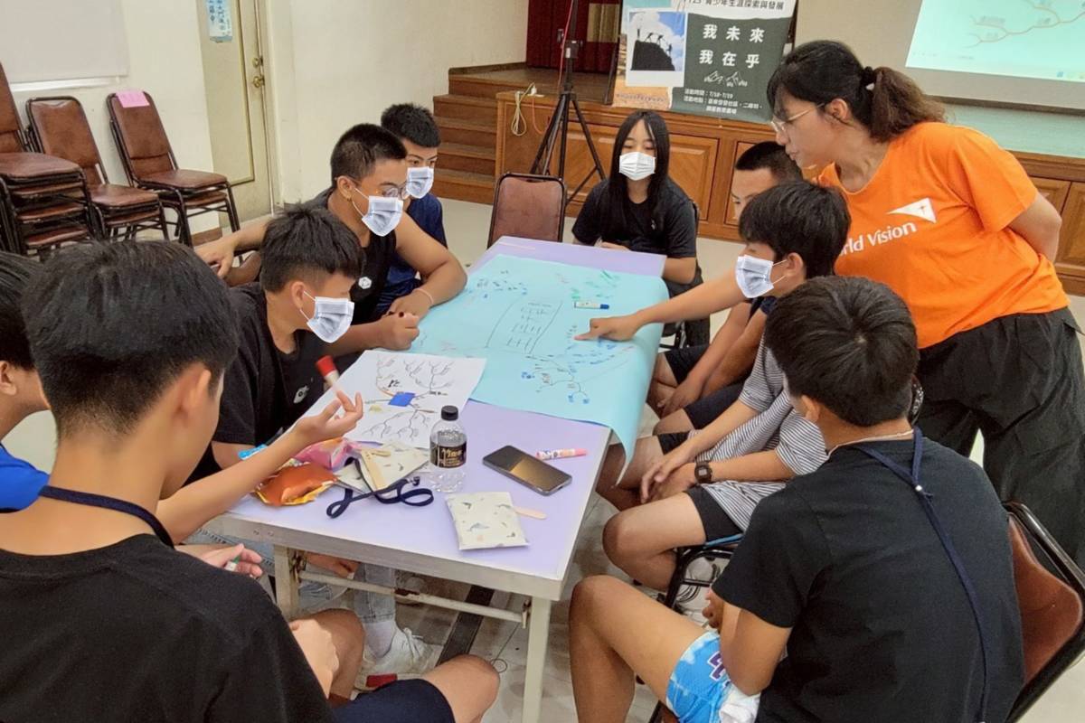 青少年們在課程中，以樹狀圖分享生涯規劃及進行小組回饋