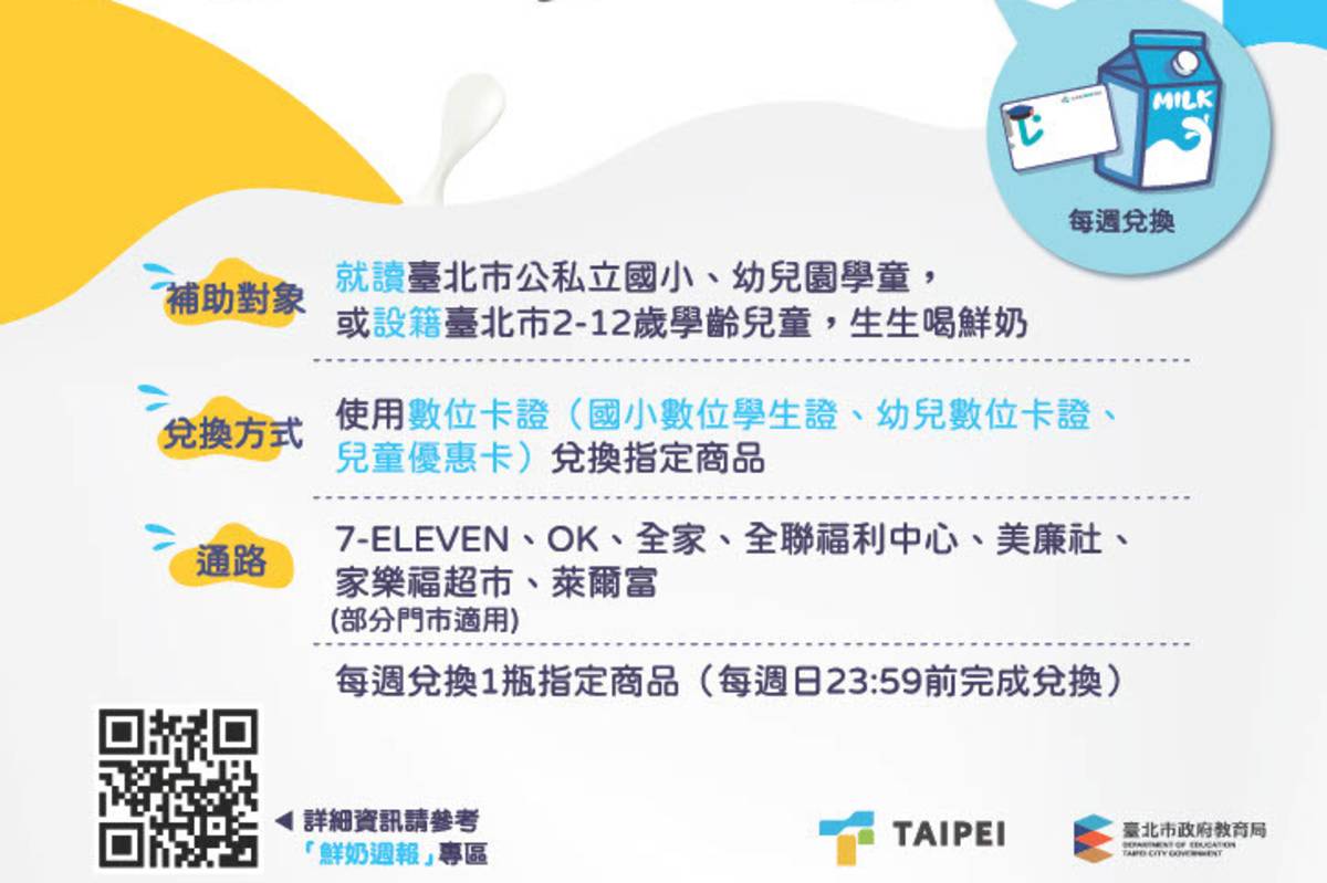 9月起，設籍或就讀臺北市學童可週週免費領鮮奶