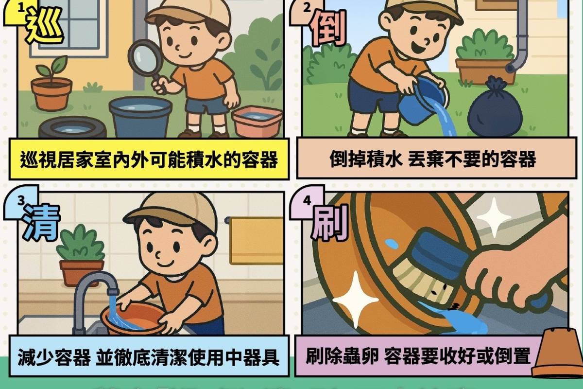 臺東縣衛生局呼籲民眾應落實「巡、倒、清、刷」清除家戶內外孳生源。