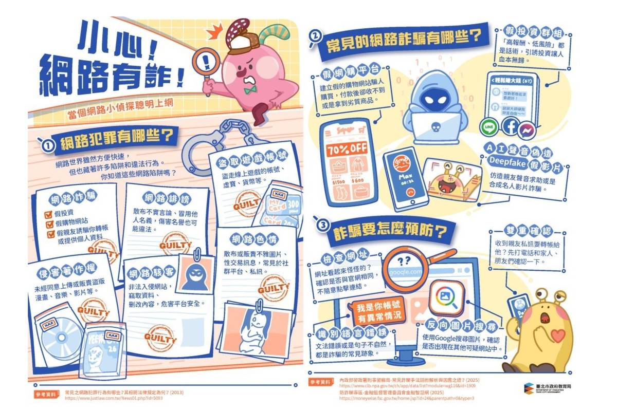 臺北市教育局為強化學生識詐能力，編撰涵蓋各學層的「資訊素養與倫理教材」系列教材