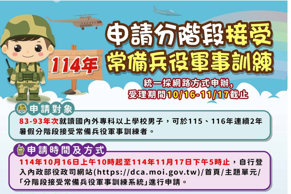 役男上網申請分階段常備兵役軍事訓練，讓求學與服役完美接軌