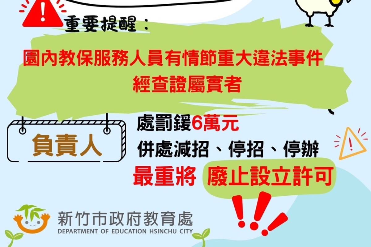 違法或不當對待幼兒之情事，可處新臺幣6,000元至60萬元罰鍰。（新竹市政府提供）