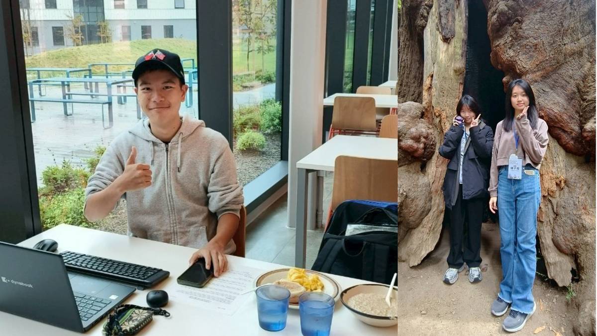 品寬(左一)在舊金山州立大學體驗學生生活，子璇(右一)則對於穆爾國家森林公園印象深刻