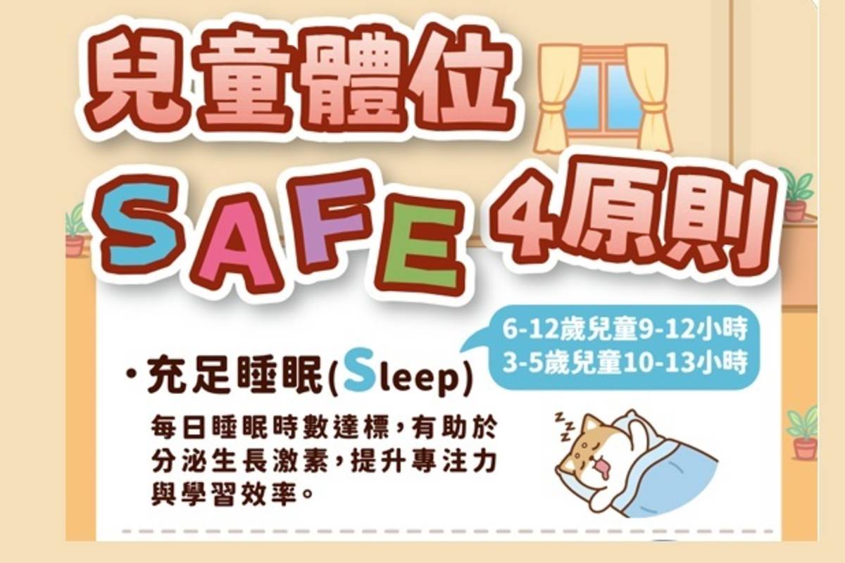 北市衛生局建議家長參考「S-A-F-E兒童健康體位4原則」，養成孩子健康生活型態